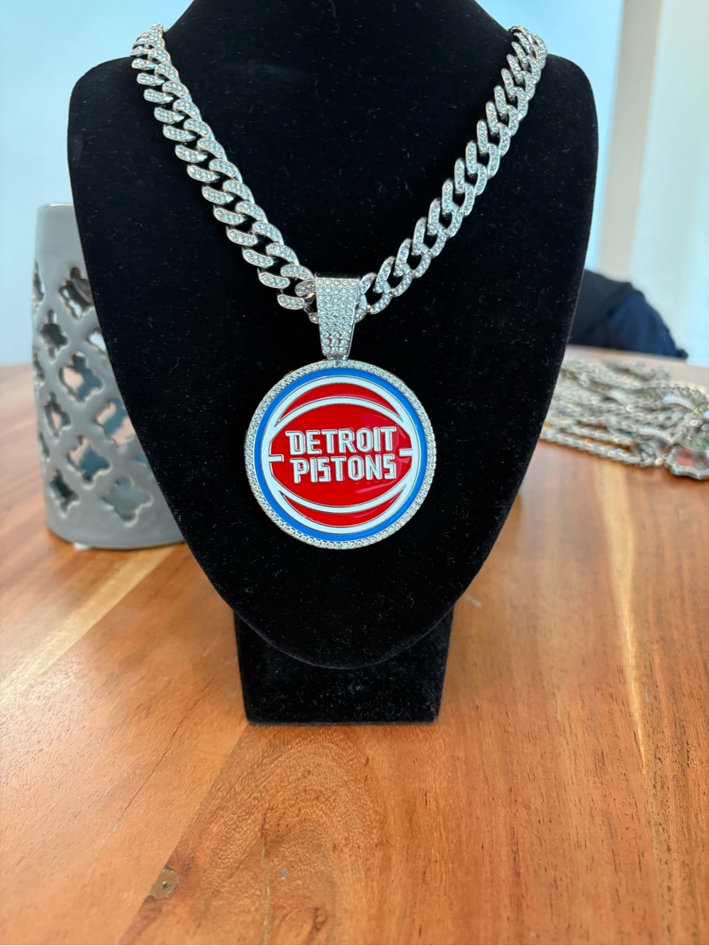 NBA Detroit Pistons Red and Blue Logo Pendant Cuban Chain Necklace